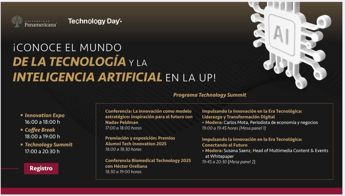 santiagogarcia0's tweet photo. ¡Llega el Technology Day a la UP! Un día lleno de innovación con conferencias, paneles, talleres, exhibiciones tecnológicas y networking. Además, celebraremos el talento con los Premios Alumni Tech Innovation. La tecnología y el futuro, al alcance de nuestra comunidad. 🚀 

Programa:
https://t.co/uZL1CJsADN