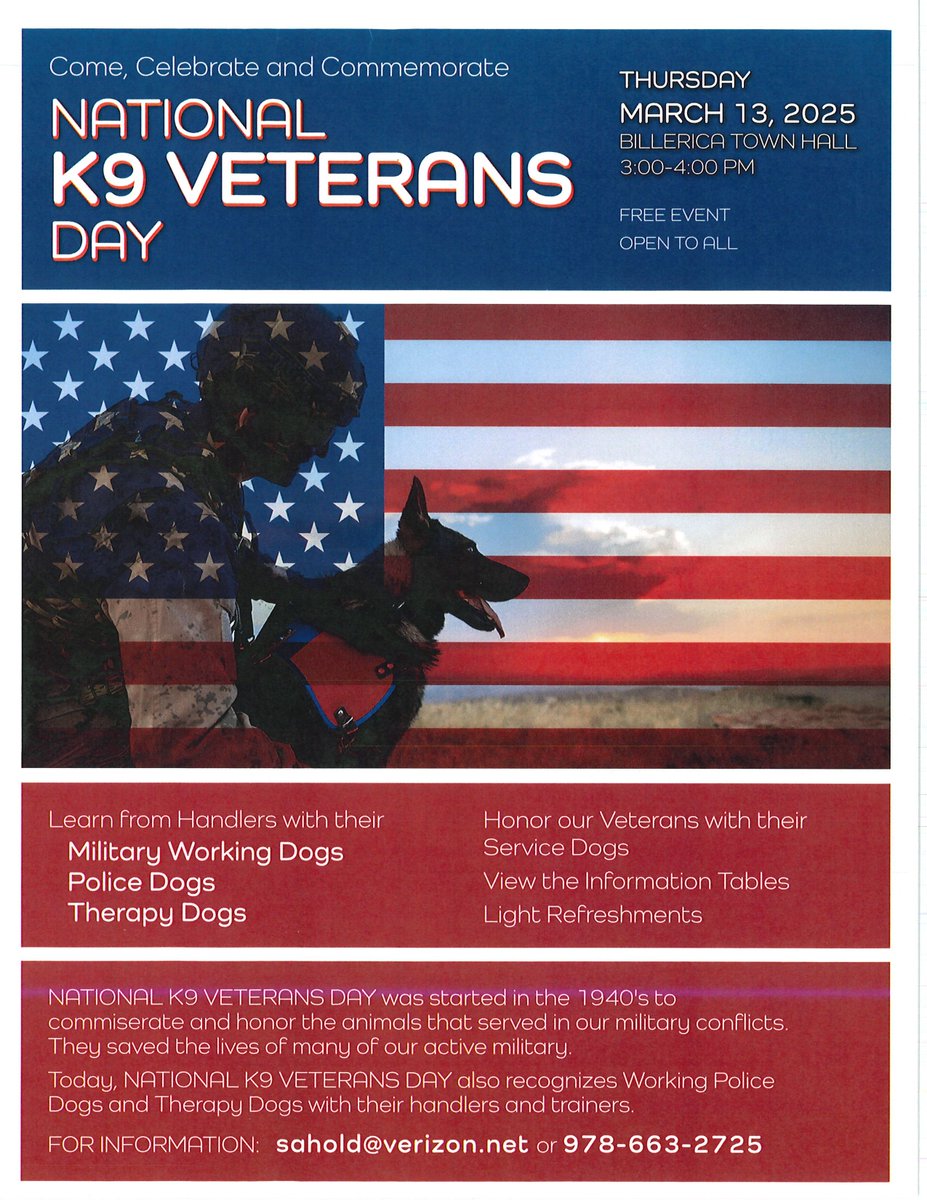 Mark your calendars! Next Thursday the Town will be celebrating national K9 Veterans Day! The event is free and all are welcome to attend, details on the flyer below.