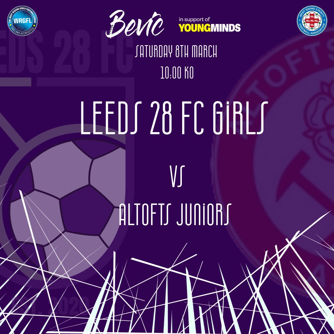28_leeds's tweet photo. Our girls are at home for our penultimate game of the regular @WRGFL_ season.

#grassrootsfootball #girlsfootball #leeds #westleeds #LS28 #pudsey #WRGFL   

Sponsored by
@BevicMSL  
@YoungMindsUK https://t.co/pHfonGzZ1j