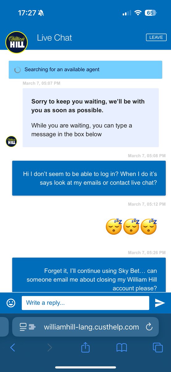 scouse50's tweet photo. Does anyone else think that 20 minutes in this day and age is too long to wait for a live chat response??
Definitely need a count Down “ your 2 in the queue etc @WilliamHill @SkyBet https://t.co/518dtVCOQ1