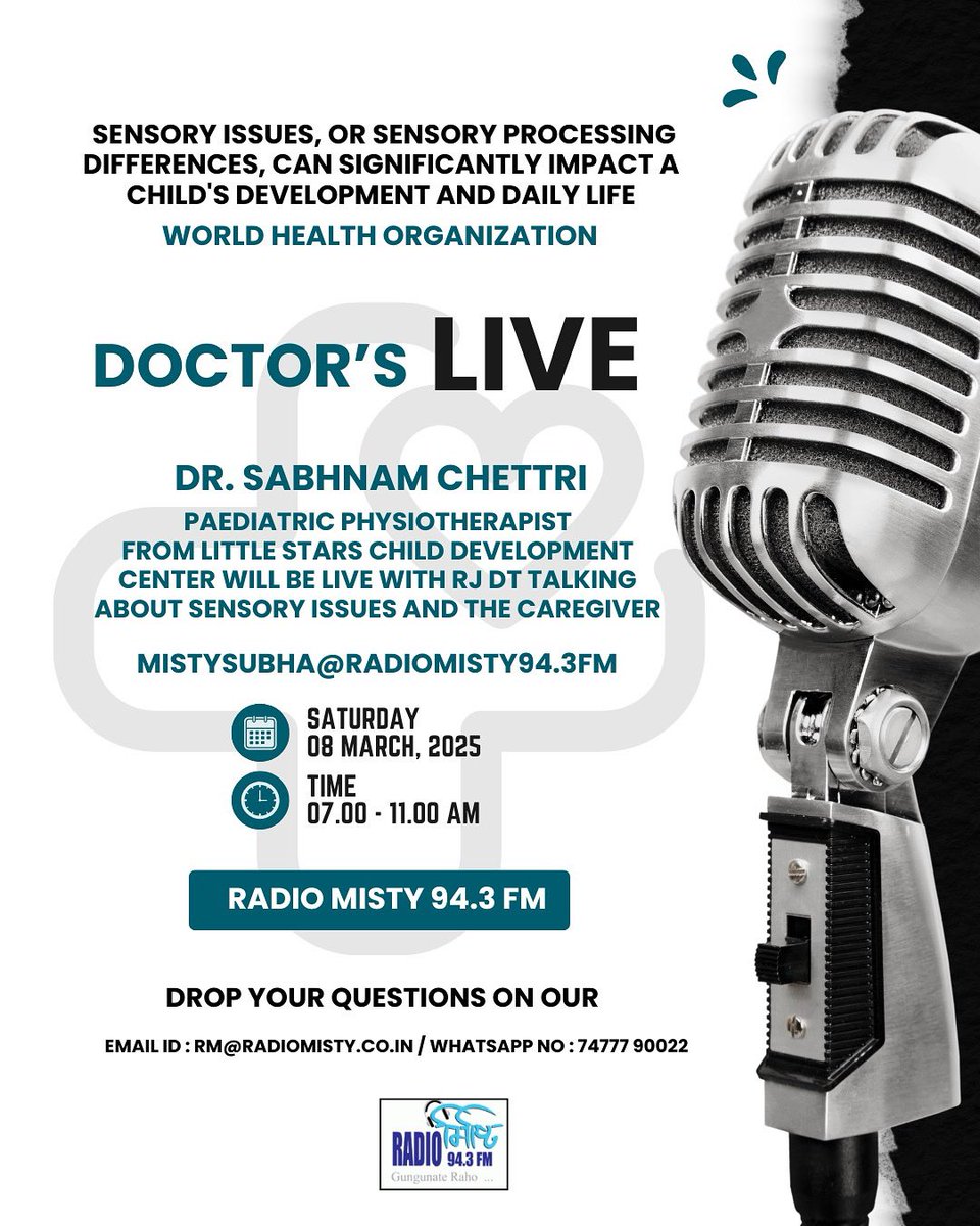 radiomisty943's tweet image. DR.Sabhnam Chettri (Paediatric  physiotherapist) will be live with RJ DT talking about sensory issues and the caregiver this Saturday.

#doctorslive #doctorsession #physiotherapist #radiomisty