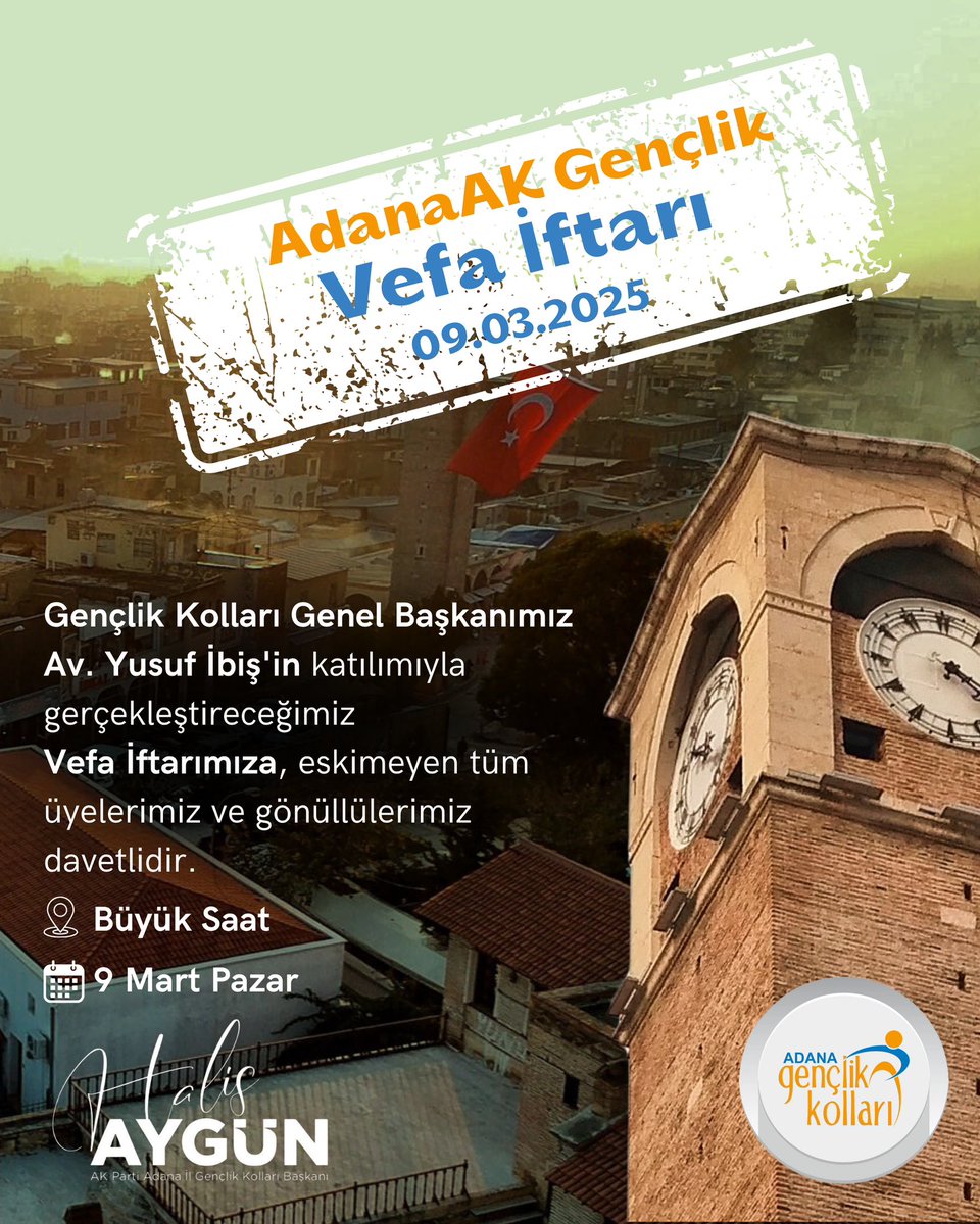 Gençlik, vefadır!
📍 Büyük Saat Meydanı Vefa İftarı

AK Parti Genel Merkez Gençlik Kolları Başkanımız Sayın Yusuf İbiş’in katılımlarıyla Gençlik Kolları Vefa İftarında bir araya geliyoruz.

Teşkilatımıza emek vermiş, davamıza gönül vermiş Ağabeylerimiz, Ablalarımız ve