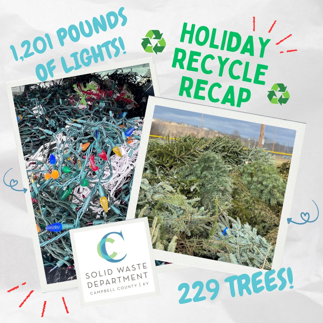 𝗧𝗵𝗲 𝗡𝘂𝗺𝗯𝗲𝗿𝘀 𝗔𝗿𝗲 𝗜𝗻!

In 2024, 𝟮𝟮𝟵 𝗖𝗵𝗿𝗶𝘀𝘁𝗺𝗮𝘀 𝘁𝗿𝗲𝗲𝘀 were recycled and placed into Corinth Lake to help fish find better homes!  

Plus, a whopping 𝟭,𝟮𝟬𝟭 𝗽𝗼𝘂𝗻𝗱𝘀 𝗼𝗳 𝗵𝗼𝗹𝗶𝗱𝗮𝘆 𝗹𝗶𝗴𝗵𝘁𝘀 were recycled!

Thank  you Campbell County!