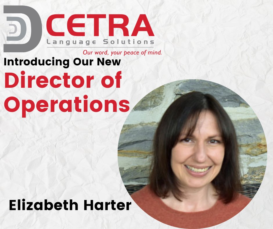 cetrainc's tweet image. CETRA is excited to announce Elizabeth Harter was recently appointed as our new Director of Operations. Harter brings more than 15 years of industry experience to CETRA. #xl8 #1nt #l10n cetra.com/blog/cetra-app…