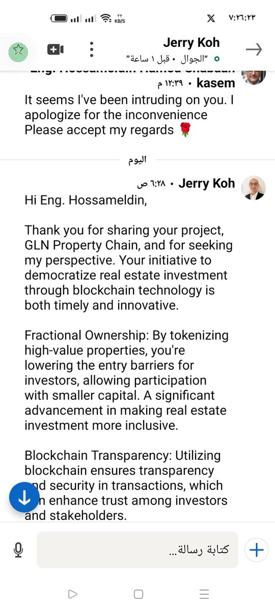 Hossameldi9143's tweet photo. I feel proud of my project GLN property Chain and my team when I see the opinions of experts in the field and their evaluation of the project. This motivates us to do our best to overcome the difficulties for the success of the project. Here is the evaluation of one of the experts and friends in the following.💫👌💫
🔽🔽🔽🔽
Hi Eng. Hossameldin,

Thank you for sharing your project, GLN Property Chain, and for seeking my perspective. Your initiative to democratize real estate investment through blockchain technology is both timely and innovative.

Fractional Ownership: By tokenizing high-value properties, you're lowering the entry barriers for investors, allowing participation with smaller capital. A significant advancement in making real estate investment more inclusive.

Blockchain Transparency: Utilizing blockchain ensures transparency and security in transactions, which can enhance trust among investors and stakeholders.

Sharia Compliance: Aligning with Islamic finance principles opens up opportunities in markets where Sharia compliance is essential, potentially attracting a broader investor base.

Regulatory Landscape: Navigating the varying regulations across different jurisdictions can be complex. Ensuring compliance while maintaining the flexibility of your platform will be a critical challenge.

Market Adoption: Educating traditional investors about blockchain-based real estate investments may require substantial effort, as some may be hesitant to adopt new technologies.

Platform Security: As with any blockchain application, ensuring robust security measures against potential cyber threats is paramount to protecting investor assets and data.

GLN Property Chain presents a compelling proposition that addresses current limitations in real estate investment. Focusing on regulatory compliance, investor education, and platform security will be crucial to its success.

Wishing you the best in advancing this innovative project.

Best regards, 
Jerry Koh
Thank you MR Jerry Koh I appreciate your kind words 🙏💕