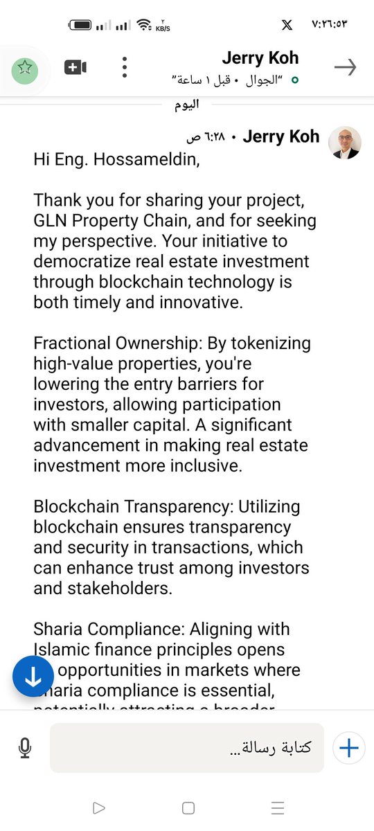 Hossameldi9143's tweet photo. I feel proud of my project GLN property Chain and my team when I see the opinions of experts in the field and their evaluation of the project. This motivates us to do our best to overcome the difficulties for the success of the project. Here is the evaluation of one of the experts and friends in the following.💫👌💫
🔽🔽🔽🔽
Hi Eng. Hossameldin,

Thank you for sharing your project, GLN Property Chain, and for seeking my perspective. Your initiative to democratize real estate investment through blockchain technology is both timely and innovative.

Fractional Ownership: By tokenizing high-value properties, you're lowering the entry barriers for investors, allowing participation with smaller capital. A significant advancement in making real estate investment more inclusive.

Blockchain Transparency: Utilizing blockchain ensures transparency and security in transactions, which can enhance trust among investors and stakeholders.

Sharia Compliance: Aligning with Islamic finance principles opens up opportunities in markets where Sharia compliance is essential, potentially attracting a broader investor base.

Regulatory Landscape: Navigating the varying regulations across different jurisdictions can be complex. Ensuring compliance while maintaining the flexibility of your platform will be a critical challenge.

Market Adoption: Educating traditional investors about blockchain-based real estate investments may require substantial effort, as some may be hesitant to adopt new technologies.

Platform Security: As with any blockchain application, ensuring robust security measures against potential cyber threats is paramount to protecting investor assets and data.

GLN Property Chain presents a compelling proposition that addresses current limitations in real estate investment. Focusing on regulatory compliance, investor education, and platform security will be crucial to its success.

Wishing you the best in advancing this innovative project.

Best regards, 
Jerry Koh
Thank you MR Jerry Koh I appreciate your kind words 🙏💕