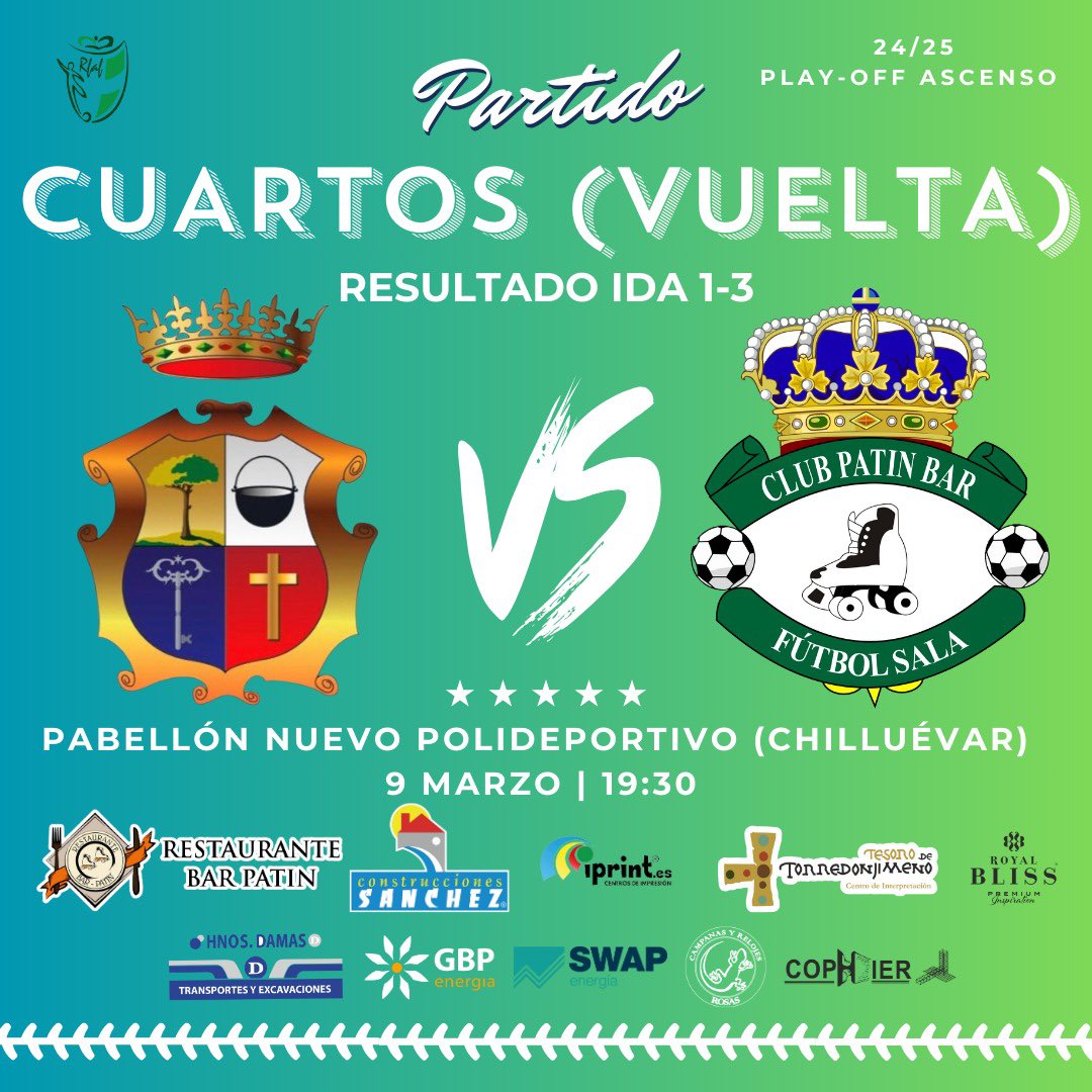 🔥 𝑻𝑰𝑬𝑴𝑷𝑶 𝑫𝑬 𝑷𝑳𝑨𝒀-𝑶𝑭𝑭 🔥

Nuestro primer equipo visitará la difícil cancha del campeón del grupo 2. Todo se decidirá en Chilluévar. 
¡Vamos con todo!  💚🤍

🆚 Chilluévar
🏆 1/4 vuelta <a href="/RFAFJAEN/">RFAF - Delegación de Jaén</a> 
⌚️19:30 h.
📌Pabellón Nuevo Polideportivo Chilluévar
📺 <a href="/JaenenJuego/">JaenEnJuego.com</a>