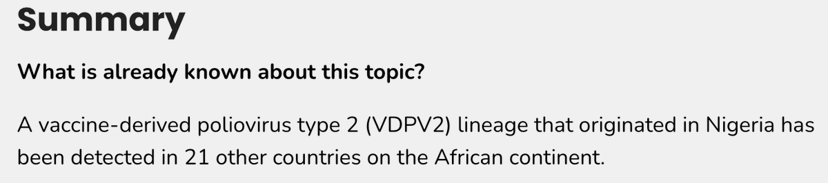 ChildrensHD's tweet photo. "A vaccine-derived poliovirus type 2 (VDPV2) lineage that originated in Nigeria has been detected in 21 other countries on the African continent." 

@CDCgov, how is vaccination the answer to this problem if the cause is from the vaccine itself?