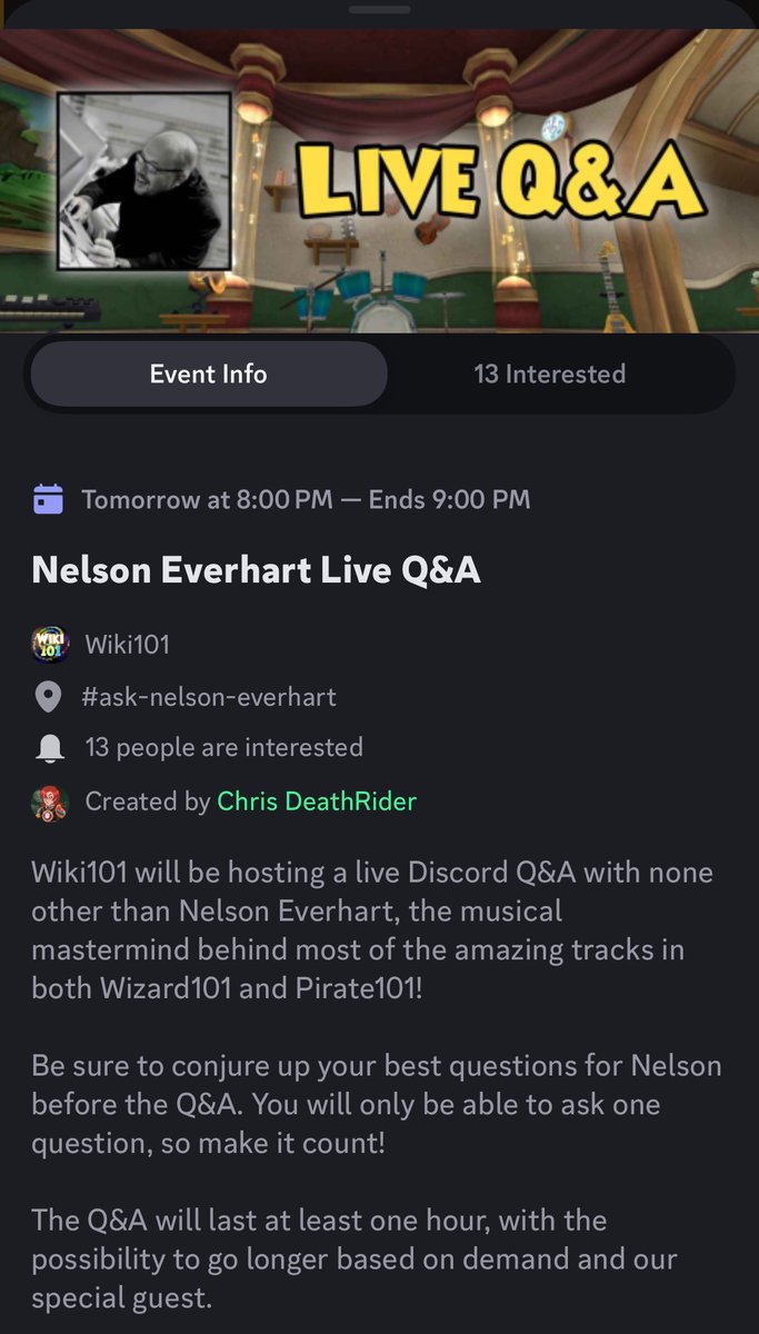 Live Q&amp;A with myself tonight on the Discord!  8PM EST / 7PM CST.  Come say hi or curse me for my earworms living rent-free in your head.