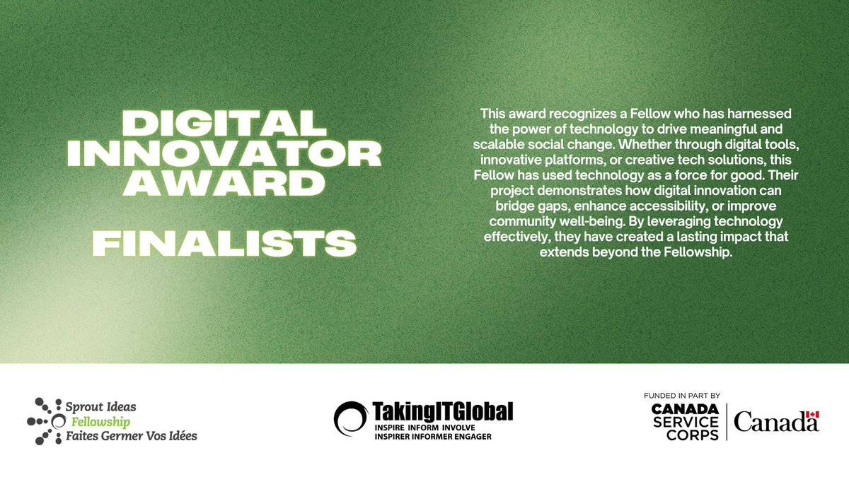 takingitglobal's tweet image. We are excited to announce the top 3 finalists for the TakingITGlobal Sprout Awards, Digital Innovator category. The winners will be honoured at the Sprout Ideas Fellowship Summit in Toronto, in June 2025! Learn more about the finalists and cast your vote at:…