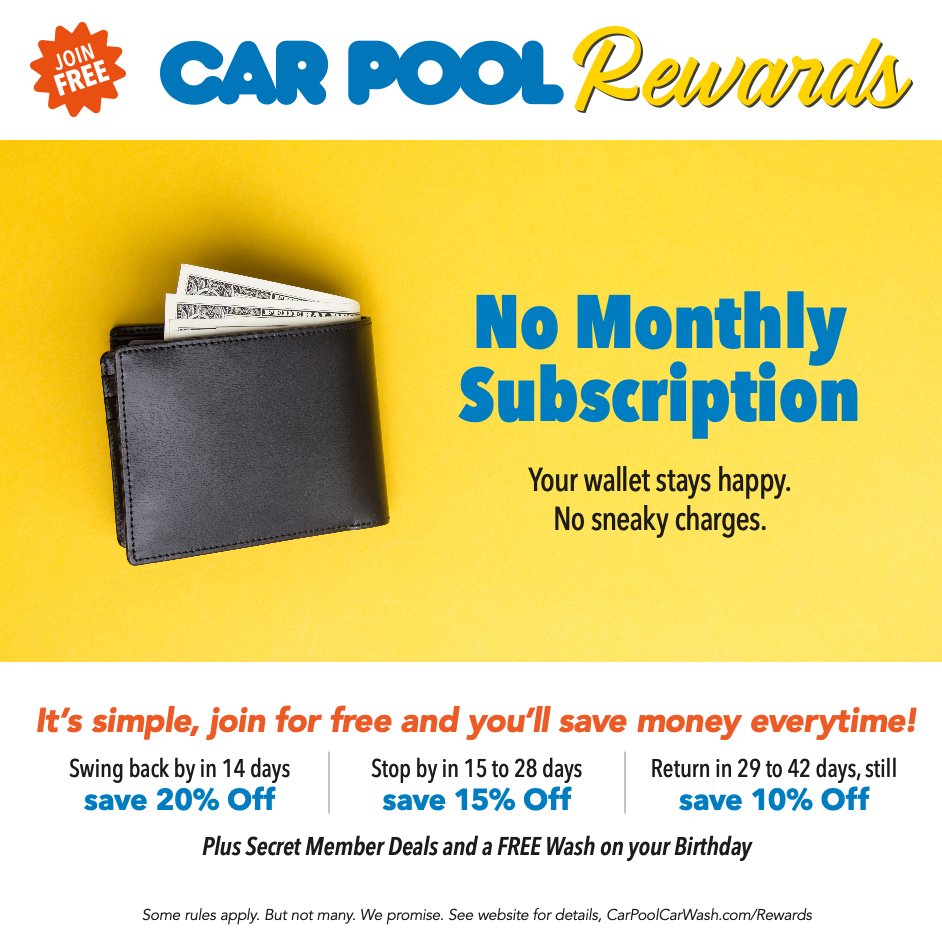 CarPoolCarWash's tweet photo. 🚘BIG NEWS! Car Pool Rewards is BACK! 🚘
→ Save up to 20% → More visits = More savings → FREE birthday wash 🎂→ Coupons by text &amp; email
Sign up FREE: https://t.co/pLwqxaUG8A
#CarWash #SaveMoney #CleanCar https://t.co/AJWlyTXIb8