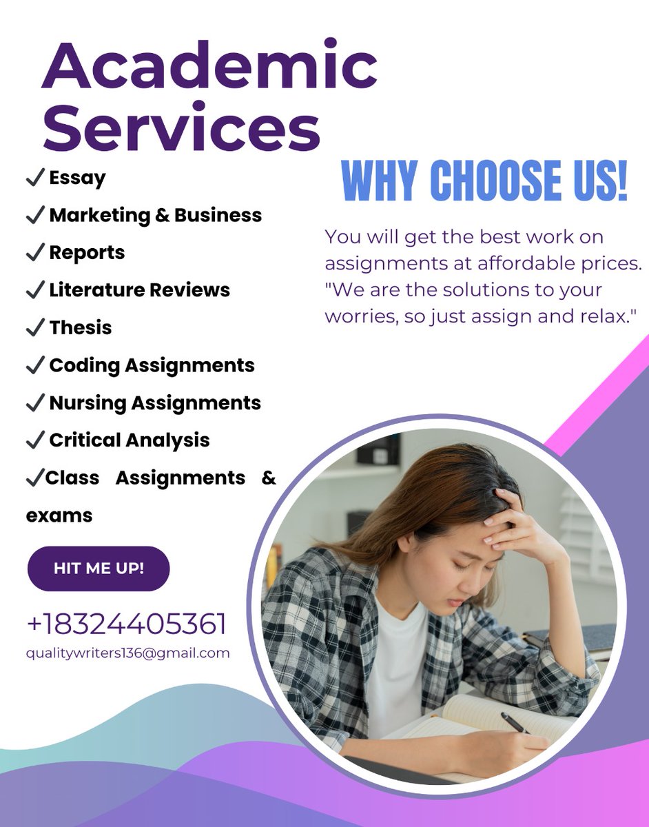 Mindsetconquer's tweet image. Reach us for excellent assignment services
#Guaranteed  A 
●#essay due
●#mathematics
●#physics 
●#anatomy
●accounting
..
●#literature
...
●#history
●#maths.
.
●homework
●#geometry...

●#statistics
●Pay write
●Assignments due
Calculus