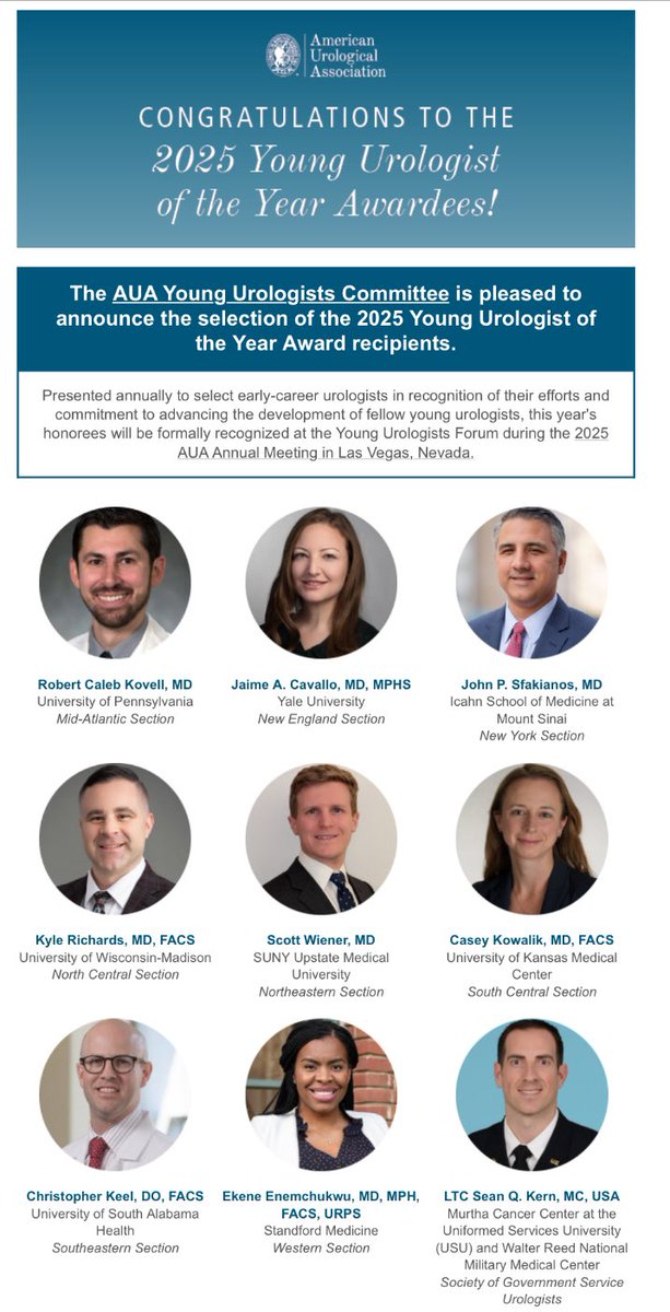 Ashish M. Kamat, MD, MBBS (@urodocash) on Twitter photo Congratulations to the 2025 Young Urologist of the Year awardees! What a phenomenal group. Well deserved! #AUA25
<a href="/AmerUrological/">Amer. Urol. Assn.</a>
auanet.org/membership/mem⦠Congratulations to the 2025 Young Urologist of the Year awardees! What a phenomenal group. Well deserved! #AUA25
<a href="/AmerUrological/">Amer. Urol. Assn.</a>
auanet.org/membership/memā¦