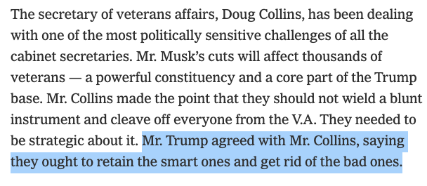 samstein's tweet photo. Trump, per the NYT, has a novel solution to a lot of these debates over staff reductions: Keep the smart folks, get rid of the dummies https://t.co/8ysdYCQHg6