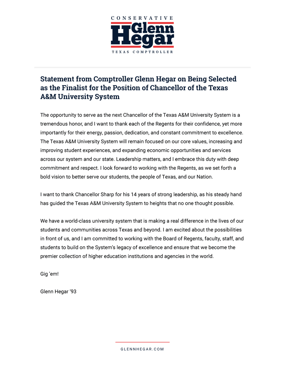 Statement from Comptroller Glenn Hegar on Being Selected as the Finalist for the Position of Chancellor of the Texas A&amp;M University System