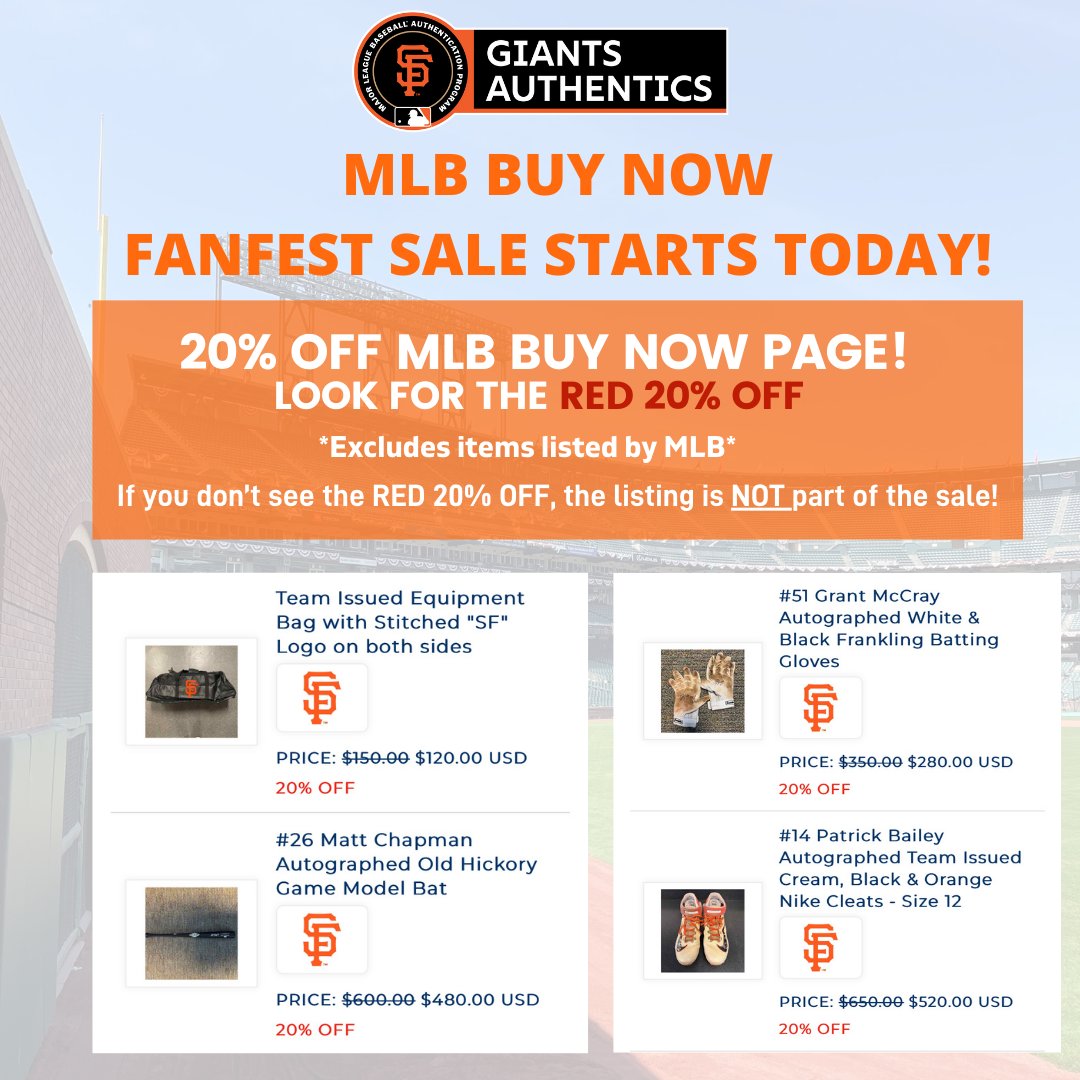 Giants Authentics (@sfgauthentics) on Twitter photo ⚾️ Fanfest deals are live on the MLB Buy Now page!⚾️
Save 20% on MLB Buy Now items - *some exclusions apply*
Visit giants.auctions.mlb.com to see all the items available!
📧gameused@sfgiants.com with any questions! ⚾️ Fanfest deals are live on the MLB Buy Now page!⚾️
Save 20% on MLB Buy Now items - *some exclusions apply*
Visit giants.auctions.mlb.com to see all the items available!
📧gameused@sfgiants.com with any questions!