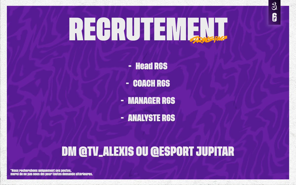 RECRUTEMENT ! 🖥️

Nous cherchons du staff pour notre roster R6 ! 

DM <a href="/Tv__Alexis/">ALEXIS</a> 

#JRonSpace 🚀