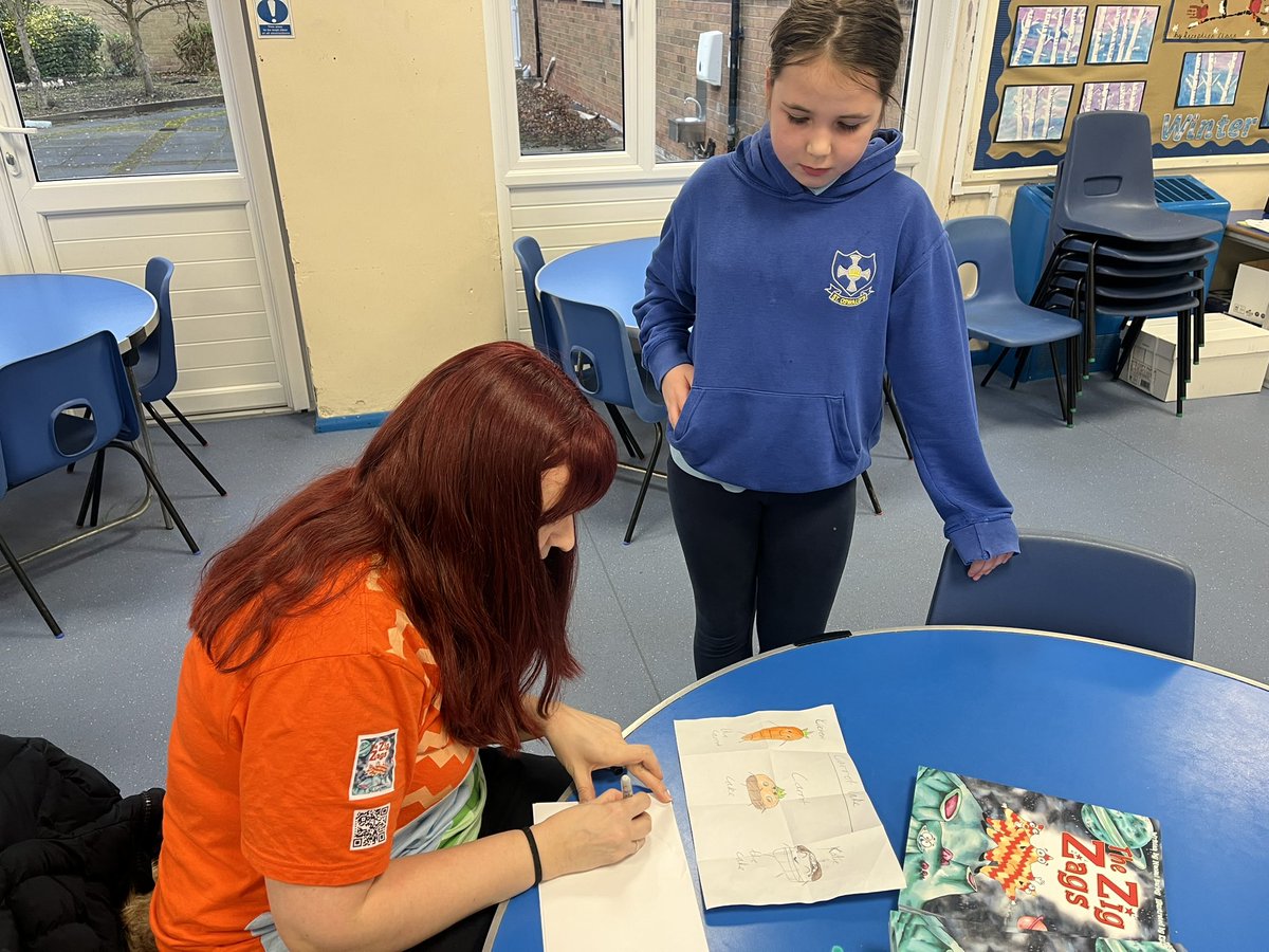 StOswaldsRCgos's tweet photo. Children from across the school jumped at the opportunity to get a signed copy of the ‘The Zig Zags’, the fantastic book by local author Naomi Barley @f1naomi https://t.co/052Z9lQivD