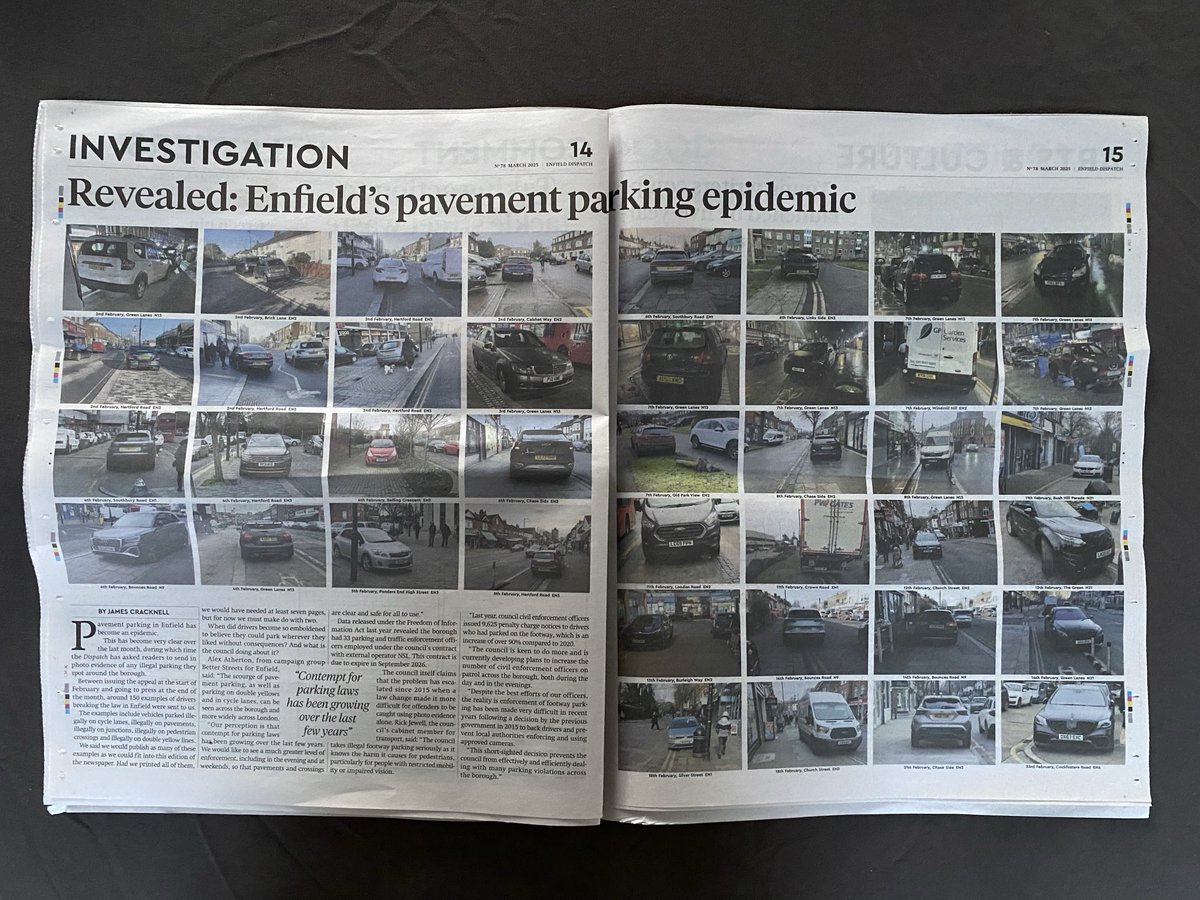 Excellent work by ⁦<a href="/EnfieldDispatch/">Enfield Dispatch</a>⁩ shining a light on cars parked on pavements, which has somehow become normalised. As ever, digging into the stories that need to be explored. A local paper ⁦performing vital function