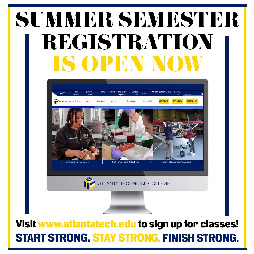 ATTENTION All-Stars, registration is open now for Summer semester classes! Visit our website atlantatech.edu to enroll in the classes you need ahead of time. ☀️📚🎓

#atlantatechnicalcollege #iamatc #atcstrong #summer #semester #registration #classes #atlanta #highered