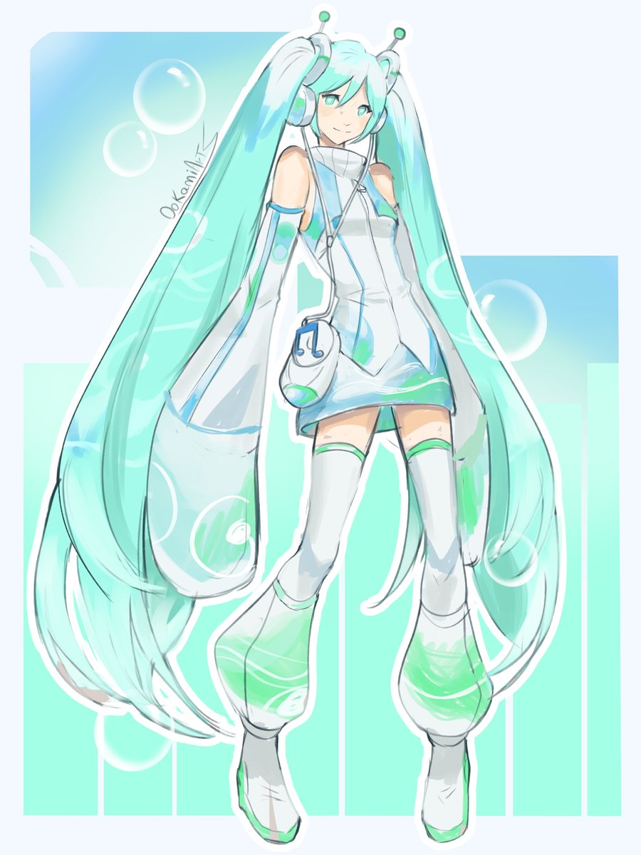 I made #HatsuneMiku  in the #frutigeraero style🌿🫧

(repost)