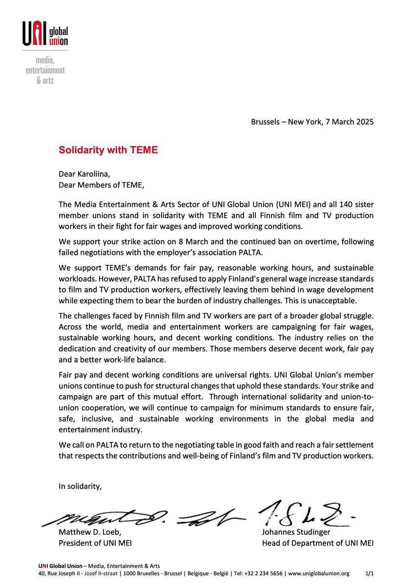 We stand with Finnish film/TV production workers (<a href="/Temeliitto/">Temeliitto</a>) in their strike for a fair contract!

In today's multinational film and television production climate, supporting the labor standards of entertainment workers worldwide aligns with IATSE members’ strategic interests.
