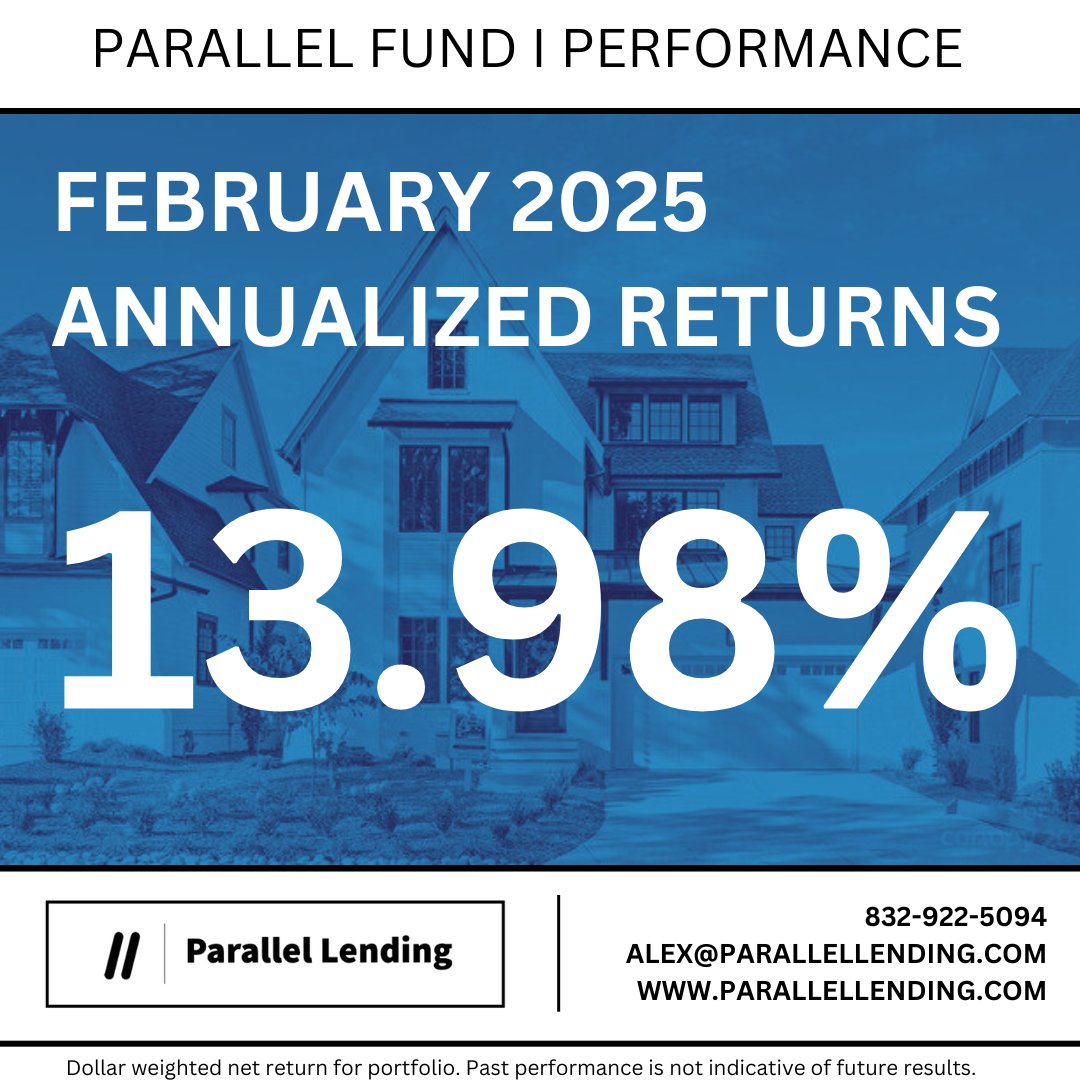 ParallelLending's tweet image. Incredible month and our highest volume in loan closings yet.

We offer some of the highest returns of any single-family mortgage fund in Texas! 
|
Fixed income, monthly returns, completely passive!

parallellending.com/fund