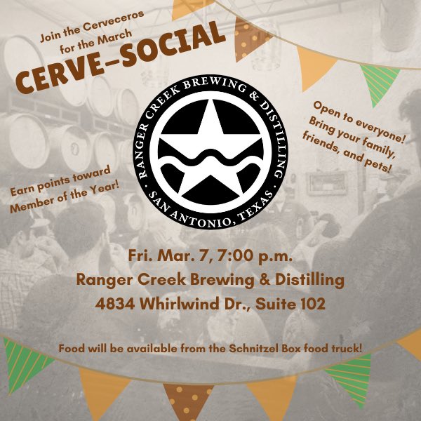 Your <a href="/SACerveceros/">SanAntonioCerveceros</a> is having their Friday night monthly Cerve-Social <a href="/rangercreek/">Ranger Creek</a> from 7-9pm. Come on out and support loc beer, meet the brewery staff snd your leadership.
Cheers