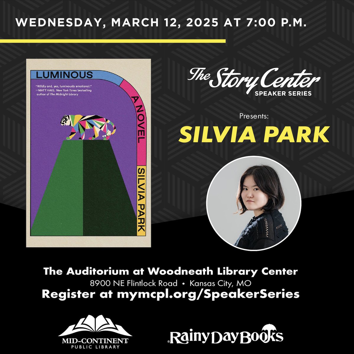 Join The Story Center for a visit from author and University of Kansas professor Silvia Park to discuss  their debut novel, Luminous. This event, in partnership with Rainy Day Books, will be followed by a book sale and signing, taking place in the Woodneath Library Center.