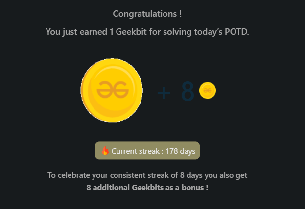 rishavkr206's tweet photo. Day 178✅
@geeksforgeeks
"GfG 160"-160 Days of Problem Solving (Day 113)
#geekstreak2024 #gfg160
Problem =Longest Palindromic Subsequence
#gfg #100daysofcodechallenge #dsa #CodingChallenge #probemSolving #100DaysOfCode #100dayschallenge #WorkHard https://t.co/SJ46wH5n1h