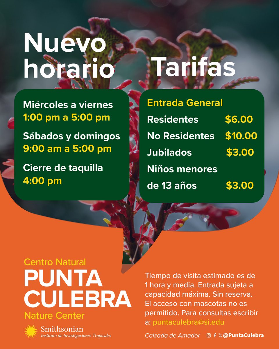 PuntaCulebra's tweet photo. Con el inicio del año escolar en Panamá, a partir del lunes 10 de marzo cambiamos nuestro horario de abierto al público:
Miércoles a viernes 1PM a 5PM
Sábados y domingos 9AM a 5PM
Cierre de taquilla 4PM

Para reservas e información de nuestro programa escolar: puntaculebra@si.edu https://t.co/Xnthq6JxJ6