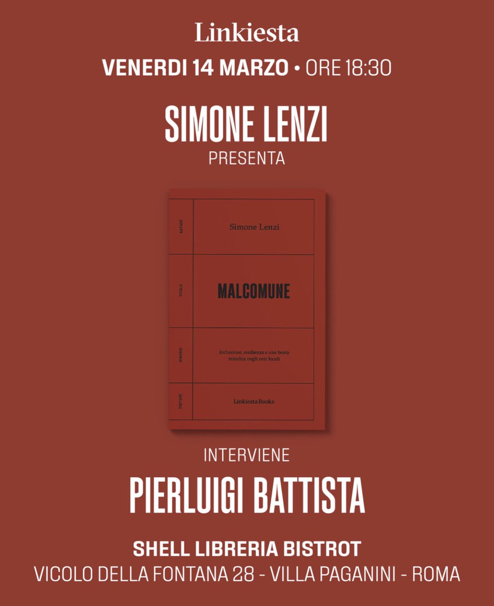 📌Lenzi e Battista.
A Roma, gruppo di ascolto 📝
Il posto, poi, meraviglioso.

#Malcomune 
#linkiesta
#books