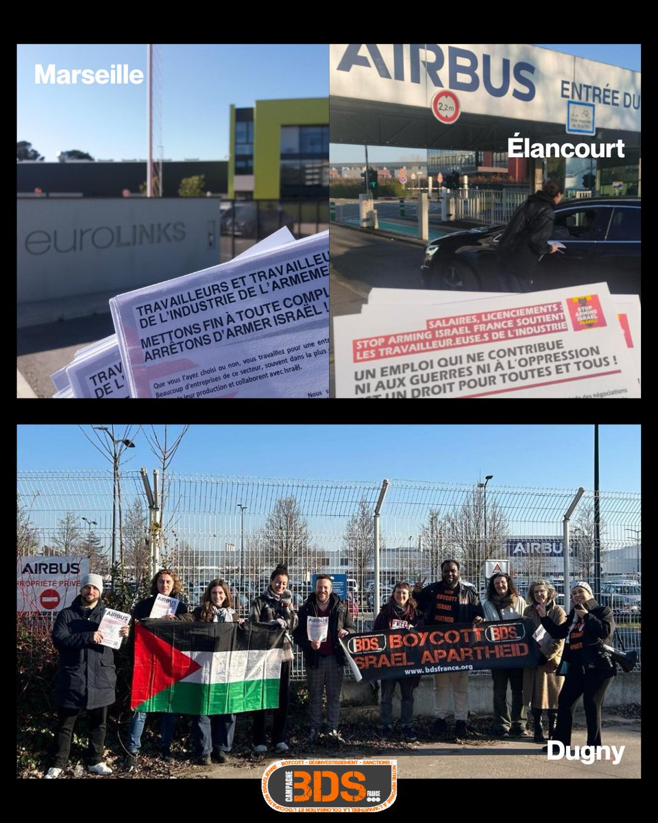 Des militant·es BDS France avec <a href="/stoparmingisr/">Stop Arming Israel France</a> ont sensibilisé les travailleur·ses des groupes fr d’armement à la complicité des entreprises avec le régime génocidaire israélien.

Ne soyons pas complices des crimes de guerre d'Israël et de ses soutiens occidentaux !