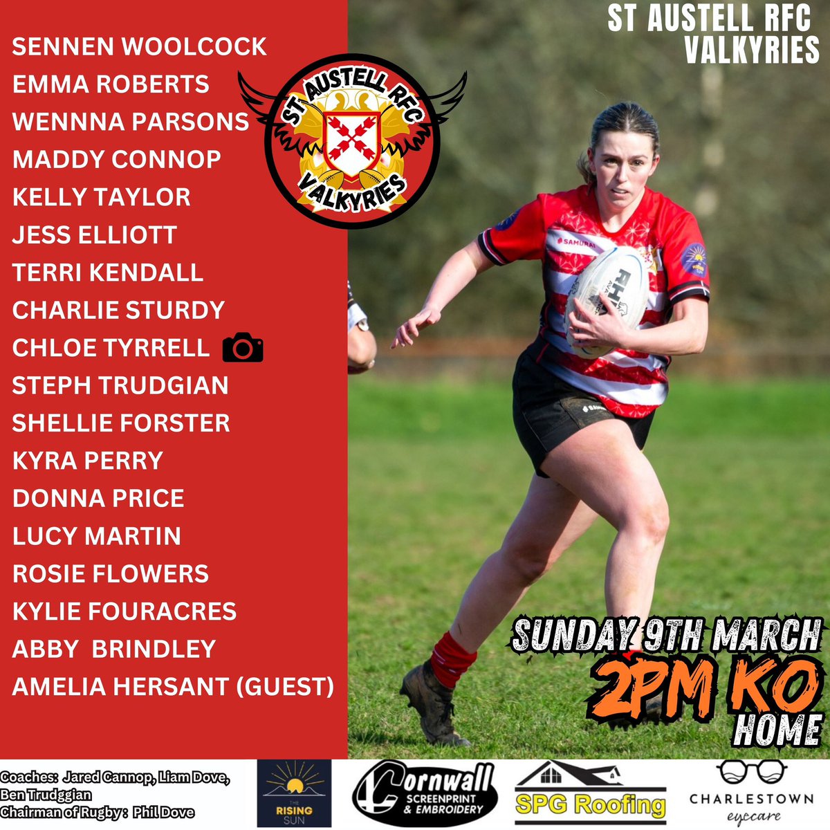 🔴⚪️St Austell Valkyries⚪️🔴 
Host a rugby festival Sunday 9th March
Come up support our players bar open 
games held on pitch 1 and 3 
an epic afternoon of women’s rugby at Tregorrick 
➡️ko from 2pm v
Wadebridge camels 
Plymouth Argaum RFC
Falmouth ladies 
#allianzinnerwarrior