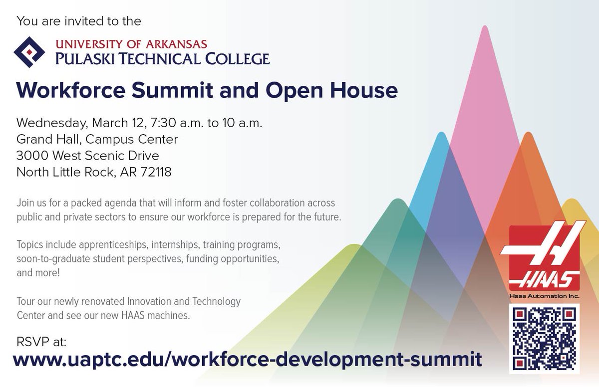 You are invited to the UA-PTC Workforce Development Summit on Wed, Mar 12, at 7:30am. The event, co-hosted with the Phillips Corp. and HAAS Inc., includes breakfast, information sessions and a tour of our industrial labs.
To register &amp; learn more, visit -> uaptc.edu/workforce-summ…