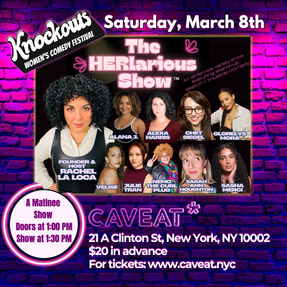 #HERlarious w/
<a href="/RachelLaLoca/">Rachel La Loca</a>
is back and for the second year in a row, part of the @knockoutsfestival 💝Join us for a matinee show featuring the femme fatales of stand up, sketch and musical comedy
<a href="/HERlariousShow/">TheHERlariousShow</a>
Tkts here: caveat.nyc/events/the-her…
