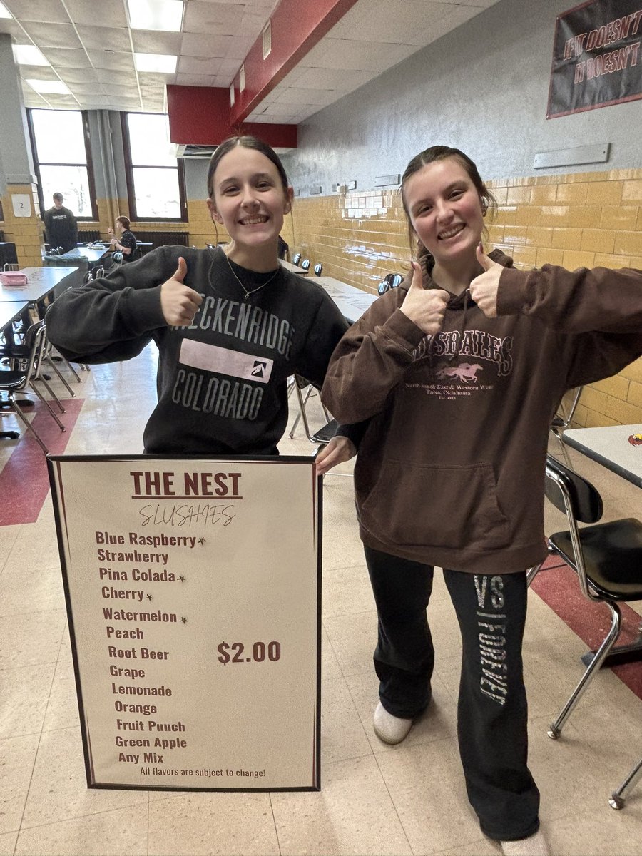 “The Nest Is Back!

Each lunch period the Benton HSB class will be selling slushies for only $2.00 each!

Take advantage of our weekly promotions!

Come get your slushy today!
