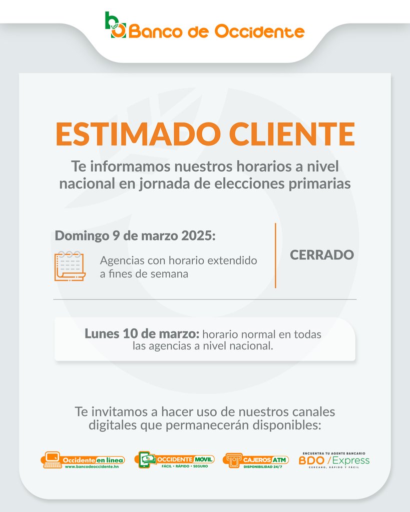 ⚠️Domingo 9 de marzo cerradas nuestras agencias a nivel nacional por elecciones primarias, se retomarán actividades el lunes 10 de marzo.

🍊Recuerda que puedes utilizar nuestros canales digitales para realizar tus transacciones.