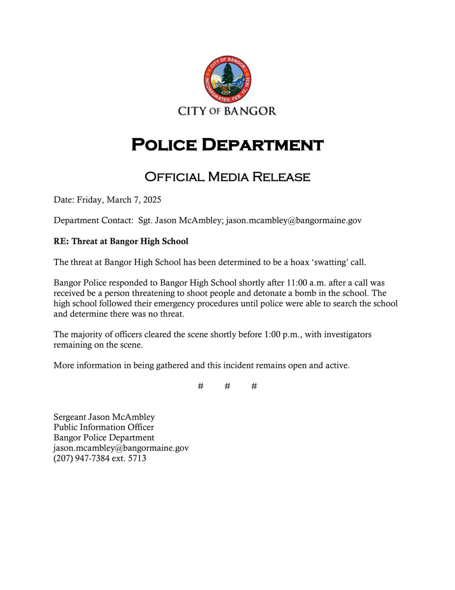 Bangor High School threat determined to be fake.
<a href="/followers/">はうはう</a> #haybangor <a href="/BangorSchoolDpt/">BangorSchoolDepartment</a> #bangorpolice