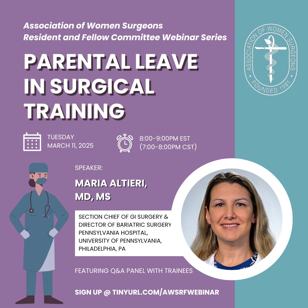 WomenSurgeons (@womensurgeons) on Twitter photo AWS Residents & Fellows are invited to the webinar, "Parental Leave in Surgical Training," led by Dr. Altieri on 3/11 at 8pm ET!
REGISTER: tinyurl.com/awsrfwebinar
<a href="/altierim1/">Maria Altieri</a>
<a href="/NensiRuzgar/">Nensi Ruzgar</a>
<a href="/JoannaBuchheit/">Joanna Buchheit</a>
<a href="/Jess_MillarMD/">Jessica Millar</a>
<a href="/CamilaFrancoMe/">Camila Franco</a>
<a href="/AlizehAbbas16/">Alizeh Abbas</a> AWS Residents & Fellows are invited to the webinar, "Parental Leave in Surgical Training," led by Dr. Altieri on 3/11 at 8pm ET!
REGISTER: tinyurl.com/awsrfwebinar
<a href="/altierim1/">Maria Altieri</a>
<a href="/NensiRuzgar/">Nensi Ruzgar</a>
<a href="/JoannaBuchheit/">Joanna Buchheit</a>
<a href="/Jess_MillarMD/">Jessica Millar</a>
<a href="/CamilaFrancoMe/">Camila Franco</a>
<a href="/AlizehAbbas16/">Alizeh Abbas</a>