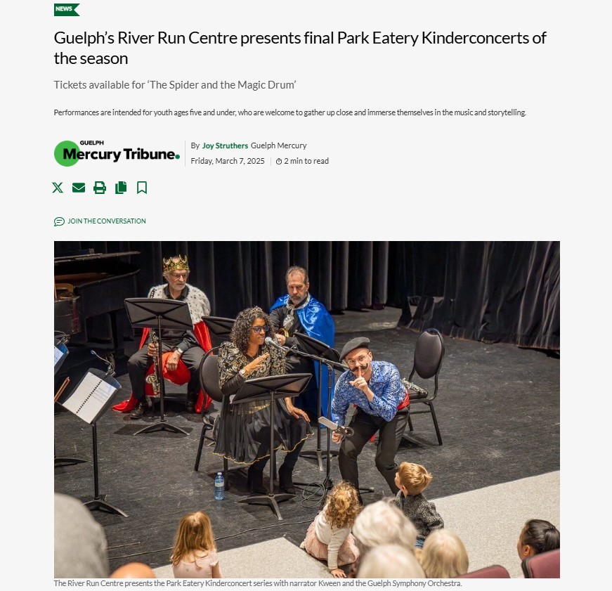 On March 7, Guelph Mercury Tribune shared an exciting article about upcoming Kinderconcerts performances coming to River Run Centre on March 22!

The Spider and the Magic Drum delivers a morning filled with stories, music, and non-stop fun!

🗞 -> riverrun.ca/guelphs-river-…