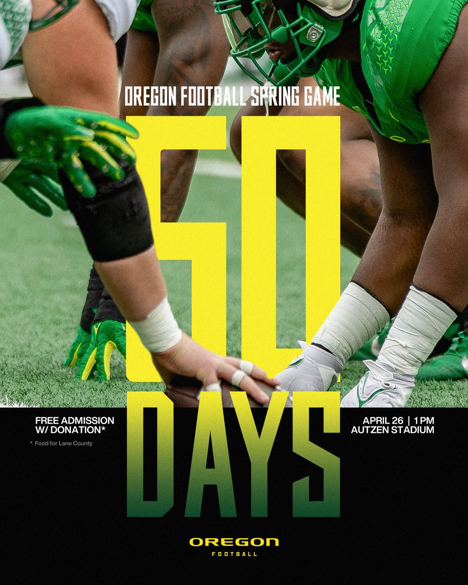 Oregon Football (@oregonfootball) on Twitter photo See you in Autzen on April 26th! #GoDucks
Donate to <a href="/foodforlc/">FOOD for Lane County</a> ➡️ tinyurl.com/3txhebsh See you in Autzen on April 26th! #GoDucks
Donate to <a href="/foodforlc/">FOOD for Lane County</a> ➡️ tinyurl.com/3txhebsh