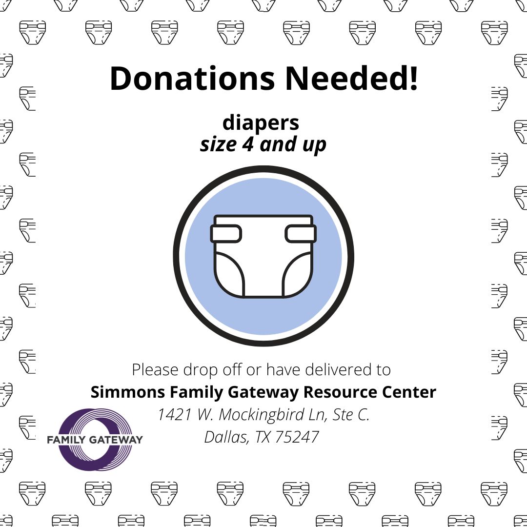 Family Gateway (@familygateway) on Twitter photo Looking for a way to help families in need? We are currently in high need of diapers size 4 and up. Shop our Amazon Wish List: amazon.com/registries/gl/… or drop donations off at Simmons Family Gateway Resource Center (1421 W. Mockingbird Ln, Ste C).
#FamilyGateway #DallasNonprofit Looking for a way to help families in need? We are currently in high need of diapers size 4 and up. Shop our Amazon Wish List: amazon.com/registries/gl/… or drop donations off at Simmons Family Gateway Resource Center (1421 W. Mockingbird Ln, Ste C).
#FamilyGateway #DallasNonprofit