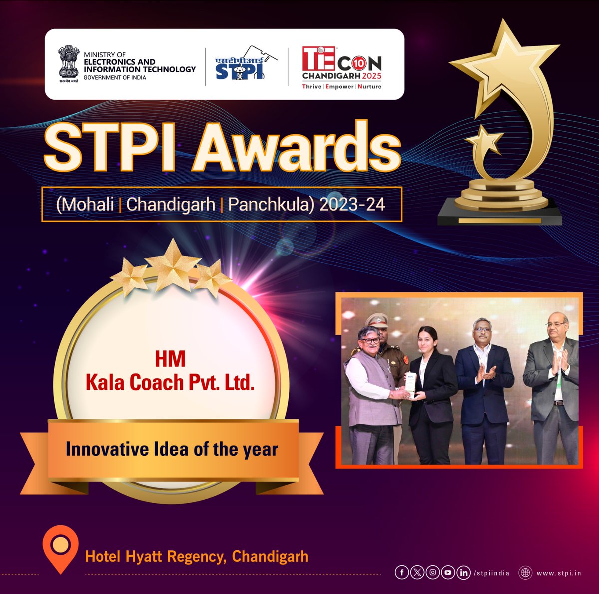 stpiindia's tweet photo. 🎉 Congratulations to M/s HM Kala Coach Pvt. Ltd.! 🎉
Honored with the “Innovative Idea of the Year (IT/ITES)” award at the STPI Awards (Mohali | Chandigarh | Panchkula), 2023-2024 during TiECON Chandigarh. Your innovation and excellence continue to inspire! 🚀👏
#STPIAwards 🏆 #Innovation 🚀 #TiEConChandigarh #TechExcellence
@GoI_MeitY @AshwiniVaishnaw @JitinPrasada @Gulab_kataria @SecretaryMEITY @arvindtw @TiEChandigarhs @TiEDelhi @TiEChennai @Shail2108