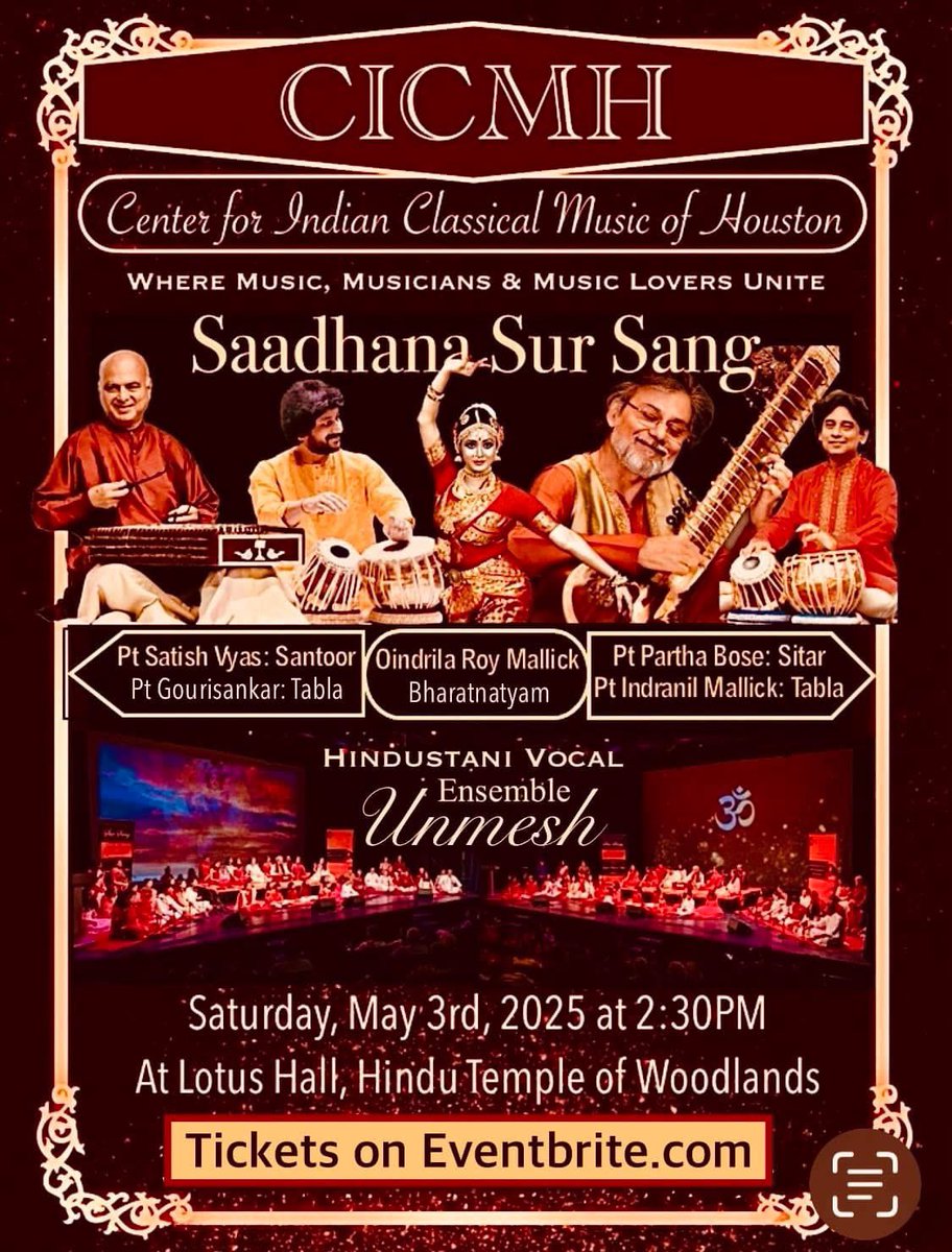 Don't miss the UNMISSABLE! 🔶

Secure your tickets NOW for 
🌺𝐒𝐚𝐚𝐝𝐡𝐚𝐧𝐚 𝐒𝐮𝐫 𝐒𝐚𝐧𝐠 🌺, a festival of Indian Classical Music &amp; Dance! ✨ 

May 3rd, at Woodlands TX. 👉 saadhanasursangmay2025.eventbrite.com

#CICMH