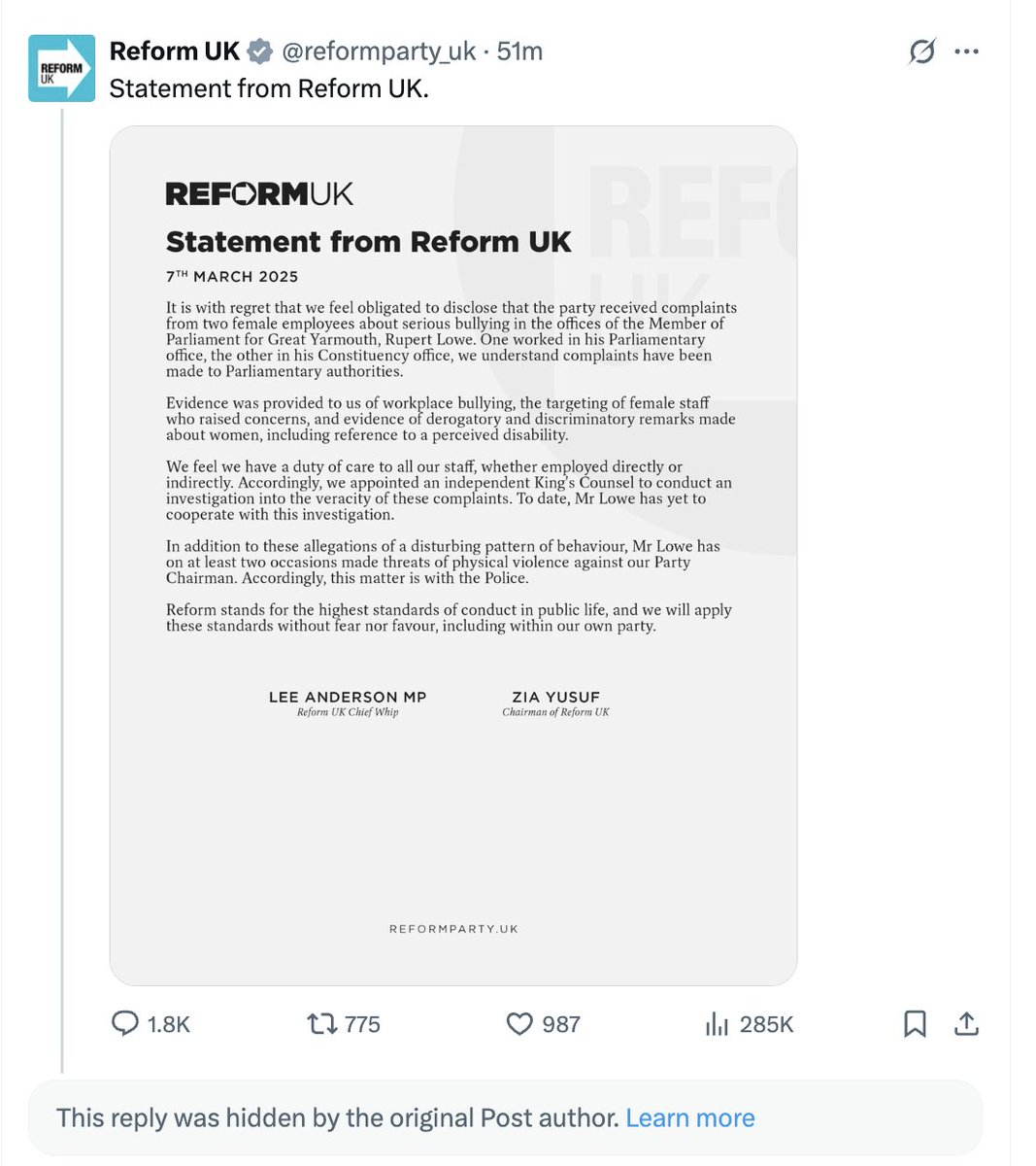 JAHeale's tweet photo. Reform UK are now hiding Rupert Lowe's reply to their statement: https://t.co/N4zi0fiNfm