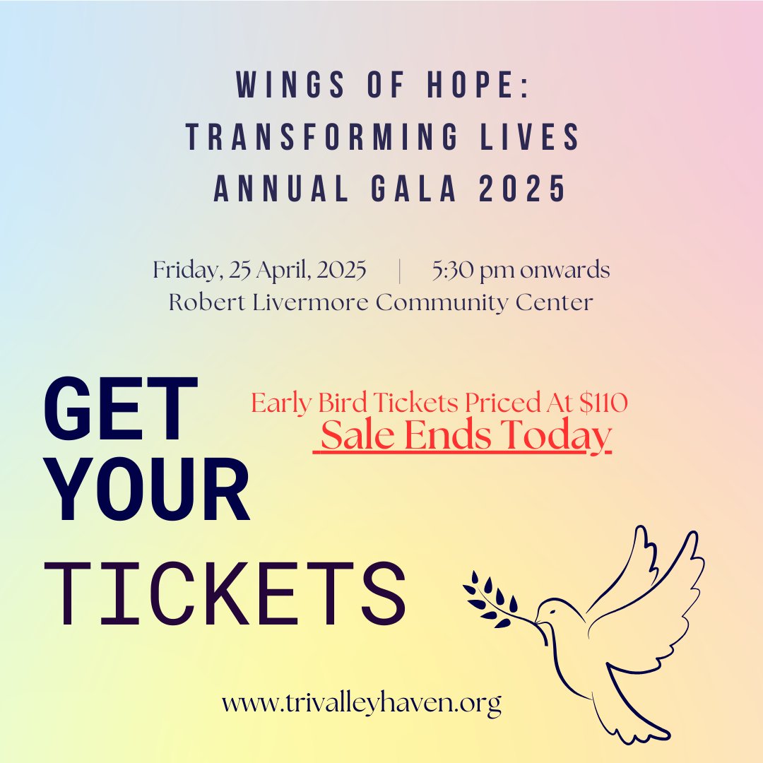Today is the final day for Early Bird Pricing on tickets to our gala. 🎉 Don’t miss out on this opportunity to support Tri-Valley Haven and its critical services. Let's make a difference together! Grab your ticket now and be part of the change! #NonprofitSupport #TriValleyHaven