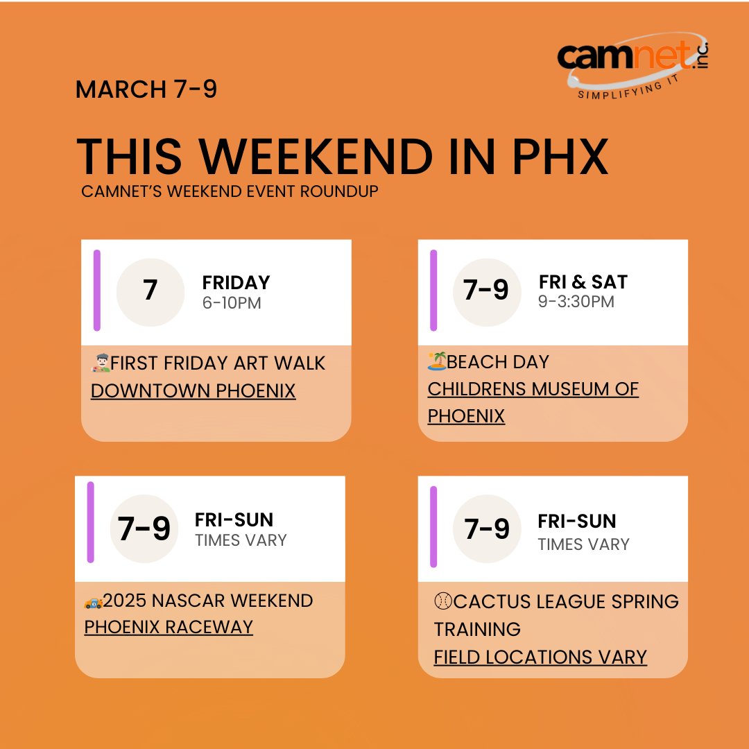 CamNet_Inc's tweet photo. 🌟 CamNet's Weekend Roundup 🌟

Spring is just around the corner! Check out the best events happening in Albuquerque, Denver, and Phoenix from March 7th to 9th. Get out and enjoy the weekend!

#CamNetWeekendRoundup #CommunityEvents #Albuquerque #Denver #Phoenix https://t.co/VWekLlduo2