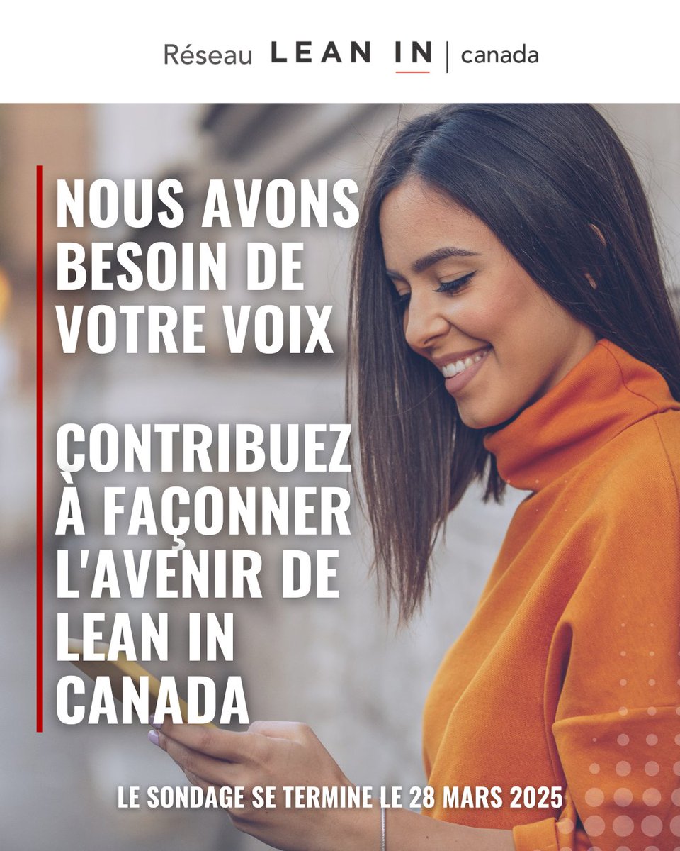 Aidez-nous à façonner l'avenir de Lean In Canada ! Vos idées peuvent contribuer à façonner l'avenir des femmes dans la force de travail canadienne !
📢 Faites entendre votre voix dès aujourd'hui! ⬇️

research.net/r/LeanInCanada…

#LeanInCanada #FemmesEnLeadership #VotreVoixCompte