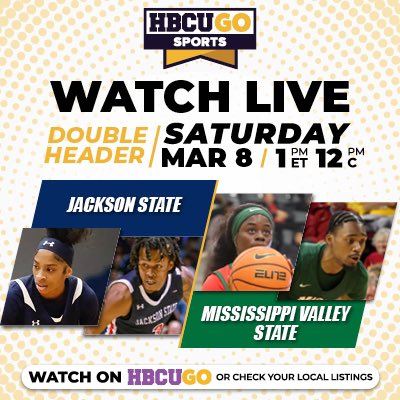HBCUGO.TV (@hbcugotv) on Twitter photo Who said men run the show? 🏀🔥
Get ready to celebrate Women’s History Month with our ALL Women Broadcast! 🎙️
Catch <a href="/GoJSUTigers/">Jackson State Athletics</a> vs <a href="/MVSUDevilSports/">Mississippi Valley State Athletics</a> for some fierce women’s basketball action at 1pm est/12pm cst!
Then stick around for the men’s game at 3pm, only on HBCU GO TV! Who said men run the show? 🏀🔥
Get ready to celebrate Women’s History Month with our ALL Women Broadcast! 🎙️
Catch <a href="/GoJSUTigers/">Jackson State Athletics</a> vs <a href="/MVSUDevilSports/">Mississippi Valley State Athletics</a> for some fierce women’s basketball action at 1pm est/12pm cst!
Then stick around for the men’s game at 3pm, only on HBCU GO TV!